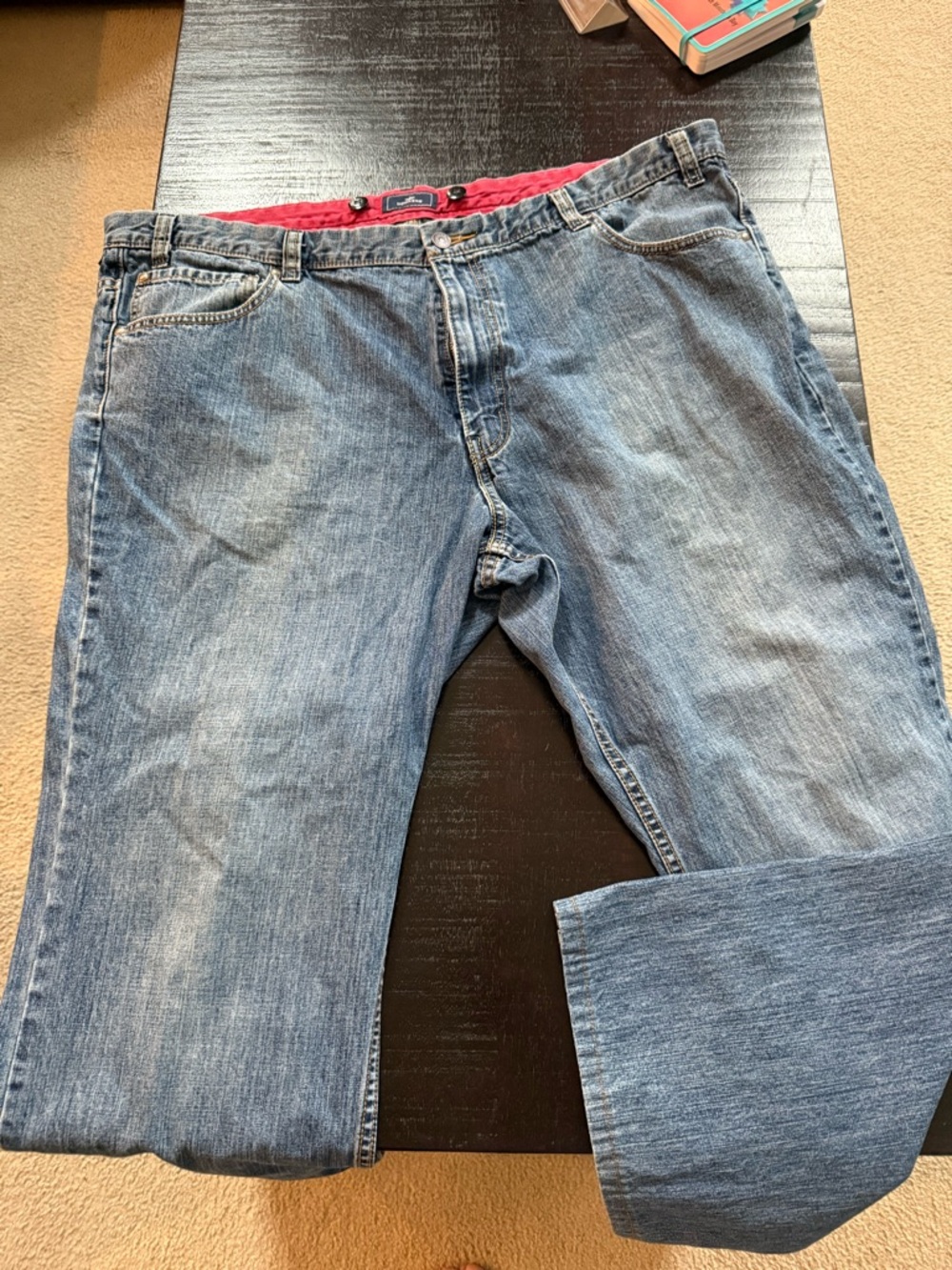 Dockers Men's Light Blue Relaxed Fit Jeans with Red Waistband Accent